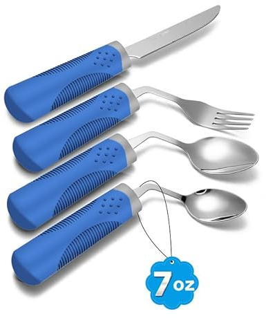 CuraVita Utensilios adaptativos (juego de cocina de 4 piezas) con peso de 200 g, utensilios en ángulo de 42° para pacientes con Parkinson, temblores de manos, artritis y ancianos, utensilios de