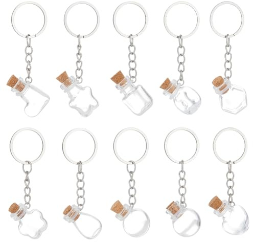 nbeads 10 Pcs Porte Clés Bouteille en Verre, Mini Bouteilles en Verre Bocaux à Souhaits Porte Clés avec Bouchons en Liège pour Bricolage Cadeaux de Mariage Décoration de Fête et de Maison, Platine