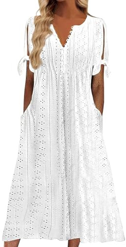 nnOuOnn Robe longue d'été pour femme - Style bohème décontracté et élégant - Col en V - Boutons - Manches courtes avec poches - Robe d'été de plage
