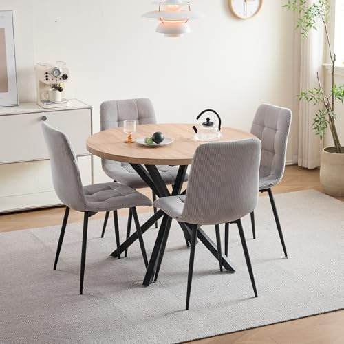 HJhomeheart Esstisch- und Stuhlset, 4 Cord mit Hoher Rückenlehne und EIN 100 cm Langer Moderner Runder Esstisch, Geeignet für Küchen, Esszimmer und Wohnzimmer (Hell + Hellgrau)