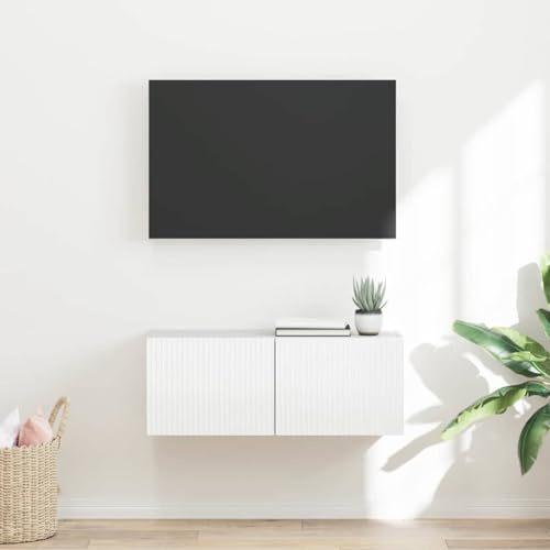 Boltkex TV-väggskåp, glänsande, vitt av trämaterial, 78,5 x 31 x 29,5 cm, med 1 pendeldörr och 2 vägghyllor, TV-skåp för vardagsrum, hemmabio, förvaringsutrymme