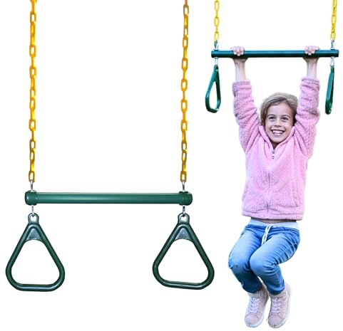 Eastern Jungle Gym Heavy-Duty Ring Trapeze Bar Combo, Large 20 Trapeze Swing Bar with Triangular Gymnastic Rings and Pinch-Free Coated Swing Chains 43 Long