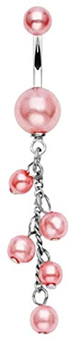 Piercingfaktor Bauchnabelpiercing Chirurgenstahl Bauch Bauchnabel Piercing Banane Stecker Anhänger mit Perlen Perlmutt Lang Silber Creme Rosa