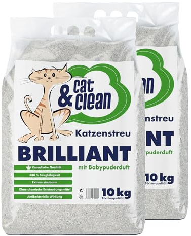 Cat & Clean Katzenstreu Brilliant Babypuderduft, 2X 10 kg (20kg) | Klumpend, Extrem Saugfähig, Naturprodukt aus Bentonit, Extraklasse