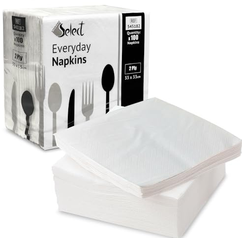 Select White Paper Napkins - Pack of 100 2-Ply Disposable Table Napkins - Soft and Strong Paper Serviettes for All Occasions - Everyday Tissues for Cleaning Spills Wiping Surfaces Personal Hygiene