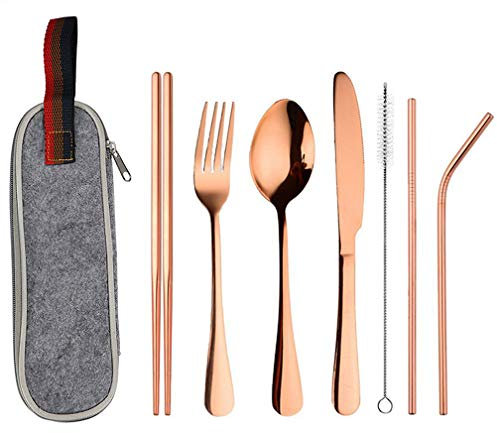 Besteckset Campingbesteck aus Edelstahl, 8-teiliges Silber Besteck Set inkl. Messer Gabel Löffel Teelöffel Stroh Bürste, Tragbares Essbesteck Edelstahl Spülmaschinenfest für Outdoor Reisen (Roségold)