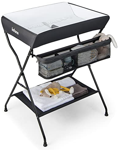 INFANS Baby Changing Table, Folding Diaper Station Portable Nursery Organizer with Safety Belt and Large Storage Racks for Newborn Baby and Infant (Black)