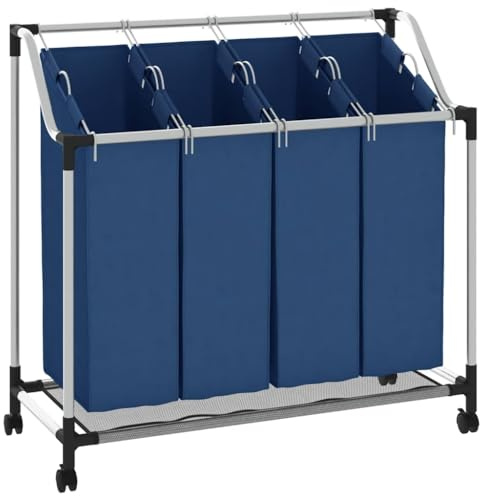 vidaXL Wäschesortierer mit 4 Taschen Rollen Wäschesammler Wäschekorb Wäschebox Wäschewagen Wäschetonne Wäschesack Wäschebehälter Blau Stahl
