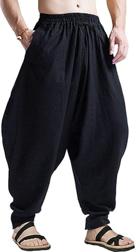 perdontoo Mens Harem Pants Loose Fit Elastic Waist Drawstring Aladdin Hippie Trousers (38, Black)
