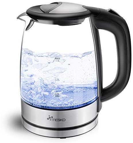 TRESKO Hervidor de Agua Eléctrico de Vidrio 1,7 L – 2200W | Iluminación LED | 360° Base de Acero Inoxidable | Desconexión Automática | Incl. Filtro | Libre de BPA