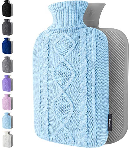 Botella de agua caliente con cubierta – Funda de punto suave – Gran capacidad de 1,8 l – Bolsa de agua caliente para aliviar el dolor, cuello y hombros (Azul)