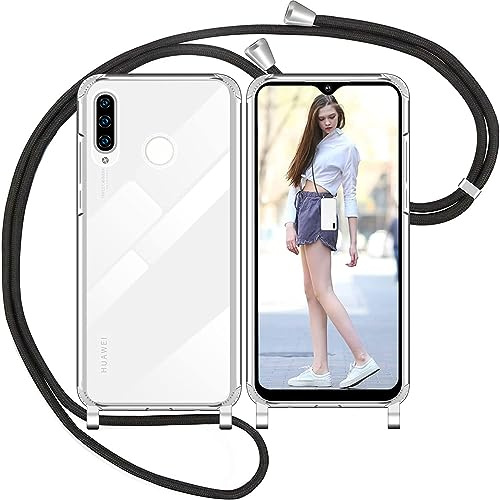 Nupcknn Handykette Hülle für Huawei P30 Lite TPU Bumper+PC Rückenschutz abnehmbar Transparent Kordel zum Umhängen (Schwarz, 6.15)}