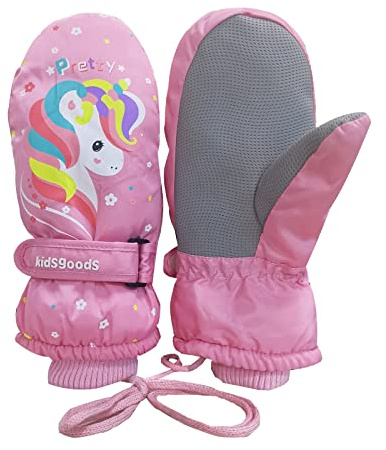 Jupsk Kids Winter Ski Gloves Waterproof Snowboard Mittens Anti Slip Plush Lined Warm Pink Unicorn Gloves for Toddler Children Girls Boys 6-12 Years Old