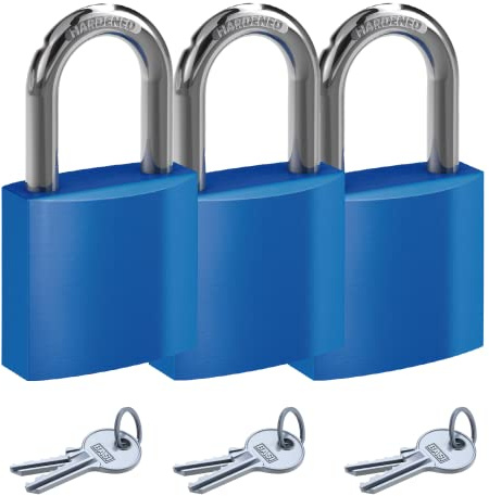 BASI | Vorhangschloss bunt im 3er Set | Farbe Blau | verschiedenschließend | 38 mm | Aluminium-Gehäuse | gehärteter Stahlbügel | sicheres Vorhängeschloss | 3 Stück