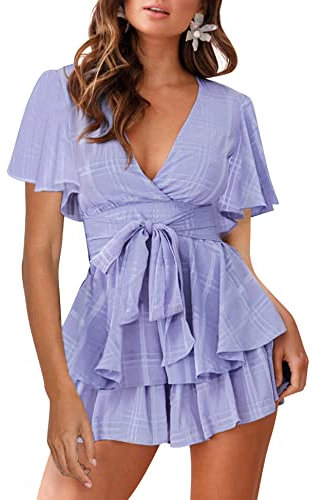 AIMCOO Damen-Strampler mit Blumendruck, tiefer V-Ausschnitt, doppellagig, Rüschensaum, Jumpsuits, kurze ausgestellte Ärmel, Taillenbindung, kurzer Strampler, Kariert - Flieder, Small