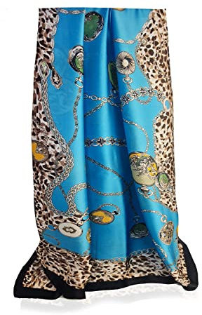 GLORIS Damhalsduk fin silkeslen stor 180 x 90 cm med färgglada tryck. Halsduk för kvinnor. Huvudduk halsduk. Silkesscarf elegant, Ljusblå-Leo, 180x90 cm
