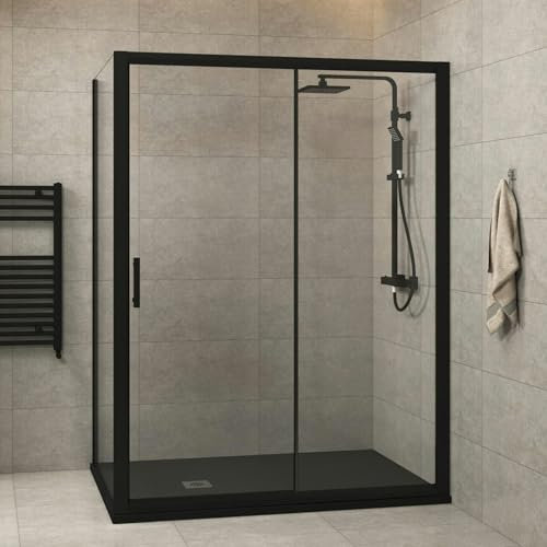 Milan 1200 x 800mm Sliding Shower Door Rectangular Enclosure Reversible 6mm Glass Shower Screen Bathroom Shower Cubicle Black Shower Cabin
