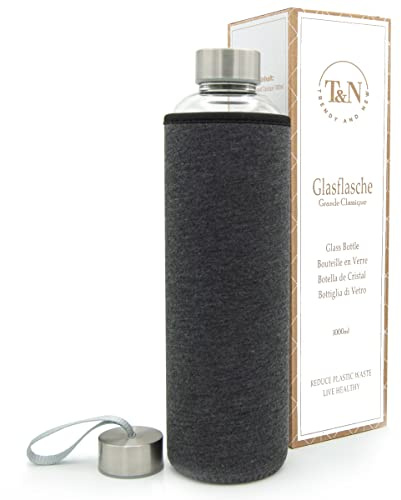 T&N Glasflasche 1 Liter / 750ml / 500ml – Trinkflasche Glas 1l mit Neoprenhülle – Wasserflasche Auslaufsicher – Glastrinkflasche aus dickerem Borosilikat-Glas für Kohlensäure geeignet