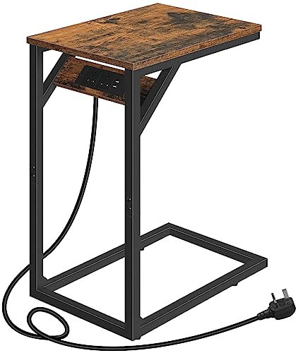 HOOBRO C Shaped Side Table, Bedside Table with Charging Station, Slim Sofa Side Table Laptop Table, 2 USB Ports 2 AC Outlets, Narrow Bedside Tables for Small Space, Rustic Brown and Black EBF07KSF01
