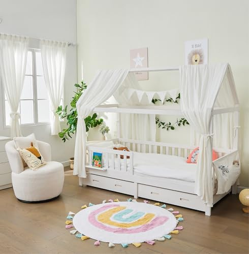 ALAVYA HOME® Hausbett Deko Set 2 Betthimmel + Wimpelkette & Vorhänge 2er-Set Kurz Gardinen 100x150 cm, GOTS Bio-Musselin Baumwolle, Kinderzimmer Lieblingsplatz für Mädchen & Jungen - Weiß