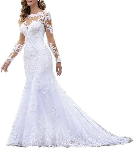 HEULORIA Robe de mariée sirène Manche Longue col Rond Perles Dentelle Grande Traine Robe de Mariage Me-0325 (as4, Numeric, Numeric_42, Regular, Regular, White)