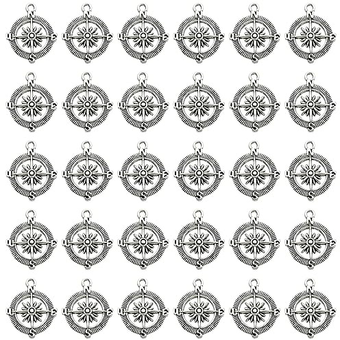 JKJF 30 Stück Kompass Charms Anhänger Vintage Kompass Anhänger Metall Nautische Charms Baumeln für DIY Ohrring Halskette Armband Fussbänder Schmuck - Antik Silber