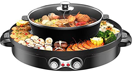 Barbecue coréen Hot Pot Electrique Appareil Fondue Chinoise et Barbecue Coréen électrique de Table 220V 2200W 2 en 1 Chauffage Haute Efficacité Contrôle de Température pour d'un Barbecue (Noir)