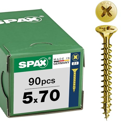 SPAX Vis universelle 5 x 70 mm, 90 pièces - Vis á filetage total, tête fraisée, empreinte cruciforme Z2, pointe 4CUT, revêtement YELLOX - 8000000288142