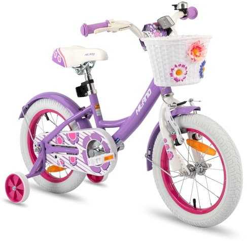 HILAND Bicicleta Infantil para niños y Adolescentes a Partir de 3 años, de 14 Pulgadas, con rueditas y Timbre Trasero, Color Morado.