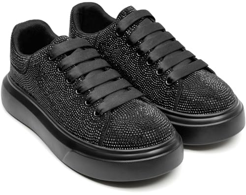 Sparkle Rhinestone Sneakers for Women Platform Rhinestone Fashion Glitter Sneakers Bling Fashion Tennis Shoes Wedding Party Bride Dress Black