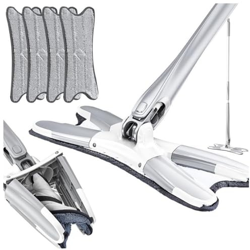 2024 Neu Bodenwischer X-förmiges Großer Flachmopp, Wischmopp mit Auswringfunktion, Flacher Wischmopp 360° Drehkopf Bodenwischer Set mit Wiederverwendbaren Mikrofaser Wischpads (Grau+4 Pads)