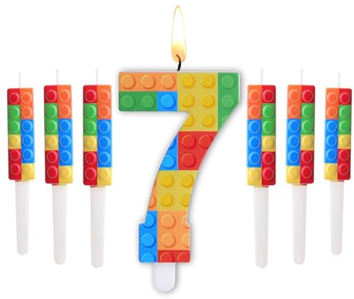Herdear 7 Pcs Bougies de Numéro 1-9 d'Anniversaire en Blocs de Construction avec 6 Bougies en Blocs de Construction Bougie de Chiffre d'Anniversaire pour Topper de Gâteau Décoration (Numéro 7)
