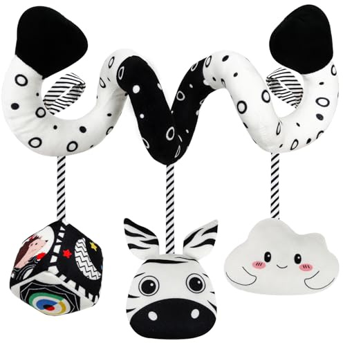 Car Seat Toys for Babies 0-6 Months,Hanging Rattle Toys for Crib Mobile, Baby Spiral Hanging Stroller Black and White High Contrast Toys for Newborn 0 3 6 9 12 Months Baby Boys Girls (Zebra)