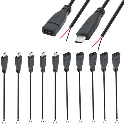 VISSQH 5 Paar(10 Stück) USB Typ-C Stecker & Buchse Pigtail Kabel,22AWG 12V 3A 2 poligen Blankdraht,USB C Verlängerungskabel löten,mit offenem Ende für Heimwerker (25cm)