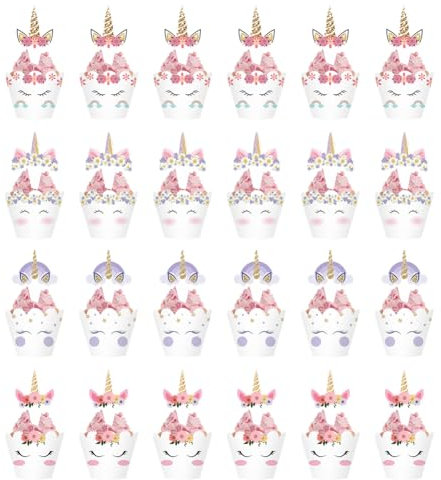 Unicorn Cupcake Wrapper, Unicorn Cupcake Topper, Unicorn Theme Party Cake Minicake Cupcake Decor(24pcs)