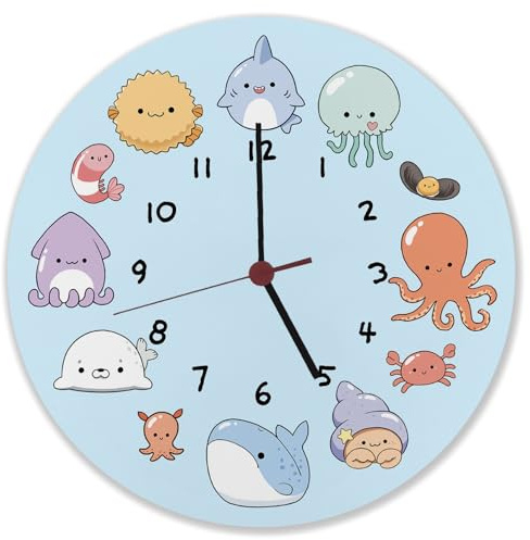 speecheese Jelly & Friends Kinderuhr mit süßen Meerestieren Wanduhr mit Kawaii Tieren Baby-Qualle Tintenfisch Oktopus und Robbe