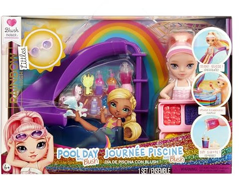 Rainbow High Littles Pool Day mit Blush-Spielset - mit Einer Kleinen 14 cm Rosa Puppe, Pool mit Regenbogenrutsche, Zubehör, Smoothie-Stand, für Kinder ab 4 Jahren