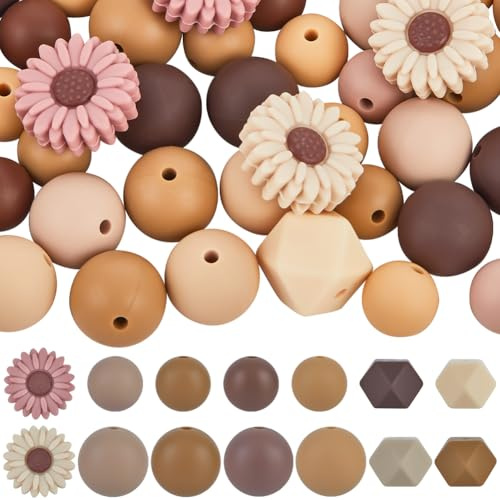 SUNNYCLUE 100 pièce de 14 styles de Perles en Silicone Marguerite Mélangées en Vrac Perles Focales en Silicone Opaques Colorées Rondes Hexagonales en Forme de Fleur Mate pour Porte Clés Stylo Bijoux B