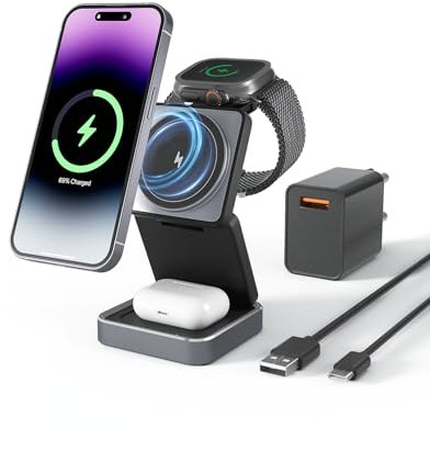 Tigratigro Caricatore Wireless 3 in 1 Pieghevole, Magsafe Stazione di Ricarica per iPhone Serie 16/15/14/13/12, iWatch 10/9/Ultra/8/7/6/5/4, AirPods 4/3/2/Pro (Nero)