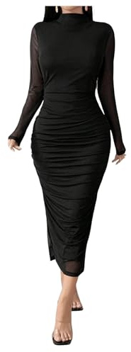 SweatyRocks Damen Figurbetontes Kleid Elegant Midikleid Stehkragen Freizeitkleid Bodycon Bleistiftkleid Mesh Langarm Kleid mit Plissees Schwarz XL