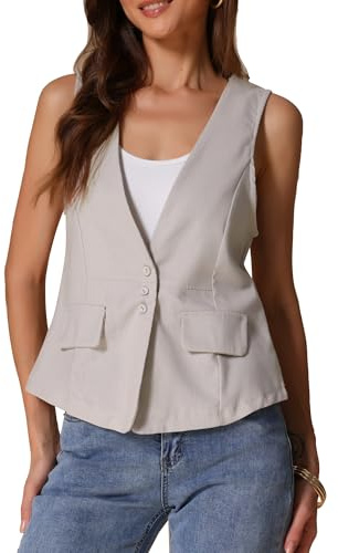 Allegra K Blazer sans Manches Femme en Lin Décontracté Gilet de Costume pour Bureau Ample Veste Légère Col en V Beige Gris S