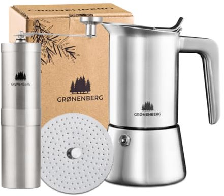 Groenenberg Espressokocher Induktion 4 o. 6 Tassen Espresso I Mokkakanne aus hochwertigem Edelstahl I Espressokanne mit Ersatzdichtung & Reduziersieb