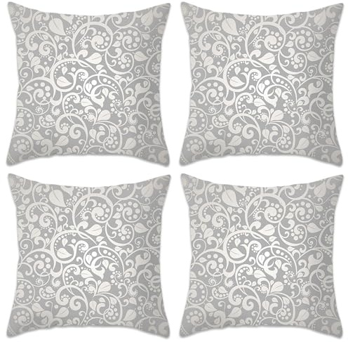 Betadistor Set of 4 Cushion Covers Throw Pillow Covers Silver Floral Decorative Pillow Cases Cushion Cover for Couch Bedroom Sofa Car Home Living Room Decor 45 x 45 cm, Silver Floral, 504-0086
