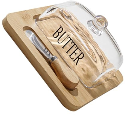 Cabilock Butterdose Aus Glas Mit Holzdeckel Und Messer Butteraufbewahrung Mit Dome Vielseitige Butterdose Für Butterstücke Kühlschrankgeeignet Elegantes Dessert Käse-servierbrett Nordischer