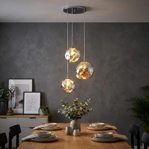 BARCELONA LED Lustre Suspendu Triple en Cristal Moderne KADNIS - 3 Lumières E27, Design Style Vintage/Industriel/Scandinave/Rustique, pour Salon, Chambre d'Ado, Bureau ou Entrée, Chrome