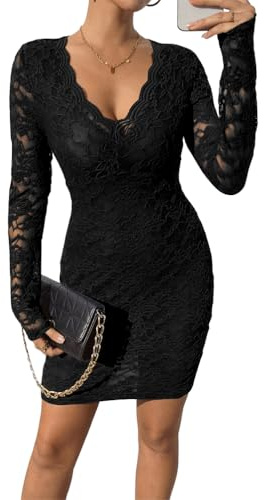 Minetom Damen Wickelkleid Partykleid Minikleid V-Ausschnitt Bodycon Spitze Figurbetontes Langarm Bleistiftkleid Slim Fit Club Kleid A Schwarz M