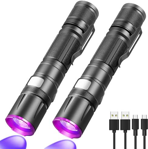 Black Light Flashlight, 2Pack UV Flashlights USB-C Rechargeable 8Hours Long-Lasting Pure Ultraviolet Light, Fluorescent Detector for Dog,Pet Urine Stains,Flowers Glows,UV Paint Glows,Hornworm