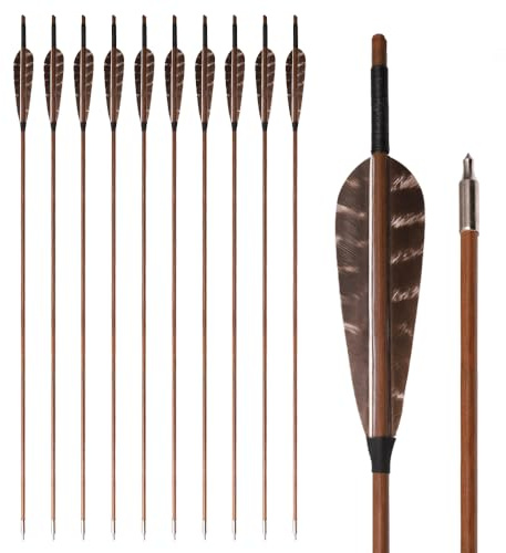 PHILOCS 12Stück Bambus-Pfeile 33” Länge des Schaftes OD 7mm 8mm 5” Truthahn-Feder 2-Flügel-Pfeil für Recurve-Bogen Traditionell Langbogen Jagd Bogenschießen Praxis