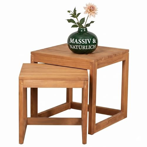 MR. DEKO Beistelltische Verwood 2er Set Teak Holz | Beistelltisch Outdoor Wetterfest | Balkontisch Klein Massivholz | Garten Beistelltisch-Set Teakholz | stapelbar Outdoor Quadratisch | 50x50x50 cm