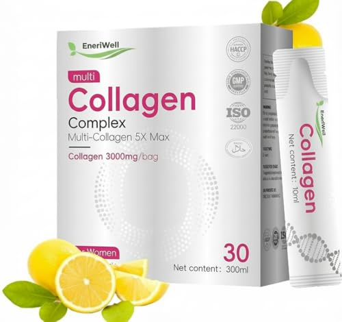 Multi Collagen Liquid Supplements for Women Men, Travel Sachets, 30 sachets | Hydrolyzed Bovine & Marine Blend, Types I, II, III, IV & V, With Vitamin C & Biotin, Halal Certified , Peptides 3000mg